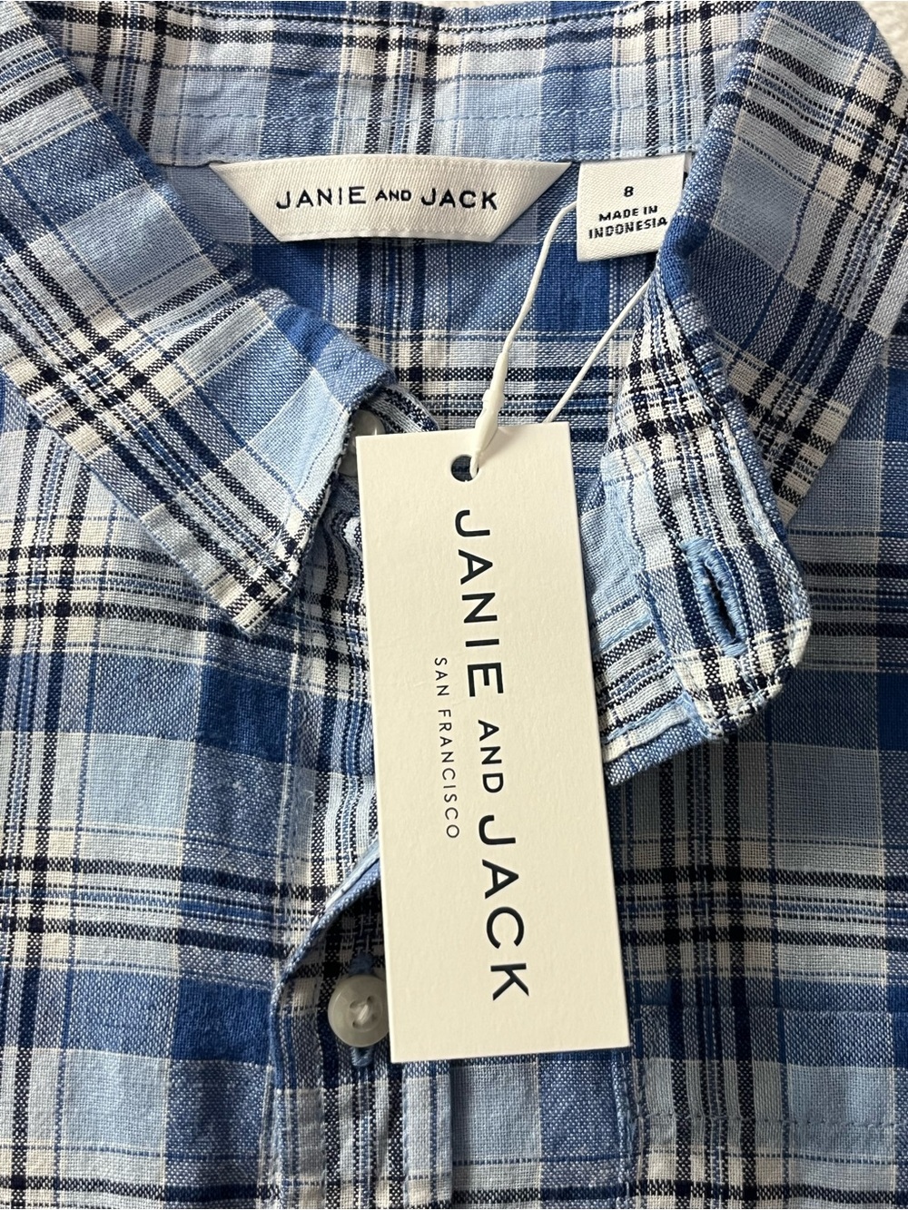 New Janie and Jack Boys Plaid Linen Cotton Button Down Shirt Size 8 Classic - Picture 4 of 7